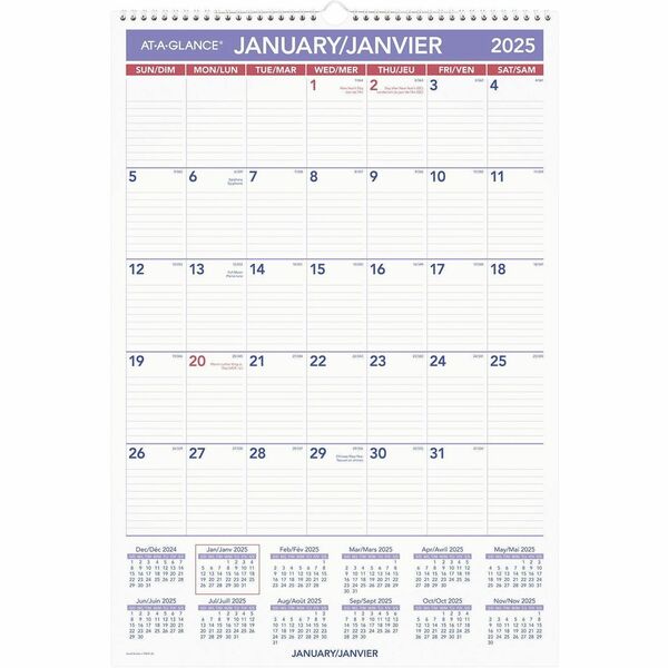 At-A-Glance Monthly Wall Calendar, 15-1/2" x 22-3/4" , Bilingual - Monthly - 12 Month - January 2026 to December 2026 - 1 Month Single Page Layout - 15 1/2" (393.70 mm) x 22 4/5" (579.12 mm) Sheet Size - Twin Wire - Wall Mount - 0" (0 mm) Height x 15.7" (