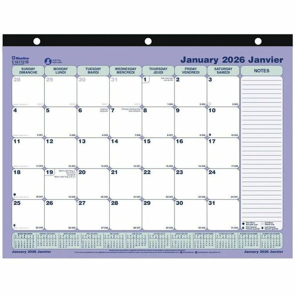 Blueline Monthly Desk Pad Calendar, 11" x 8-1/2" , Bilingual - Monthly - 12 Month - January 2026 to December 2026 - 1 Month Single Page Layout - Letter - 11" (279.40 mm) x 8 1/2" (215.90 mm) Sheet Size - 3 x Holes - Desk Pad, Desk - Paper - Hole-punched,