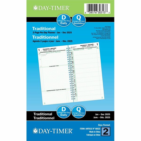 Day-Timer Planner Refill - Pocket Size - 12 Month - January 2025 - December 2025 - 1 Day Double Page Layout - 3 1/2" x 6 1/2" Sheet Size - Paper - Eco-friendly