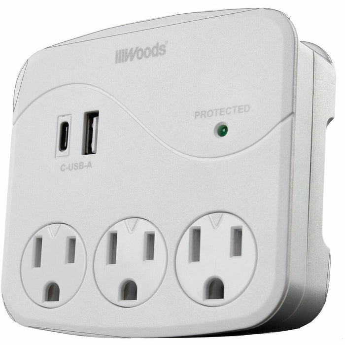 Woods 3-Outlet/USB A & C Ports Surge Wall Tap - White - 3 x AC Power, 1 x USB Type A, 1 x USB Type C - 1.80 kVA - 560 J - 120 V AC Input