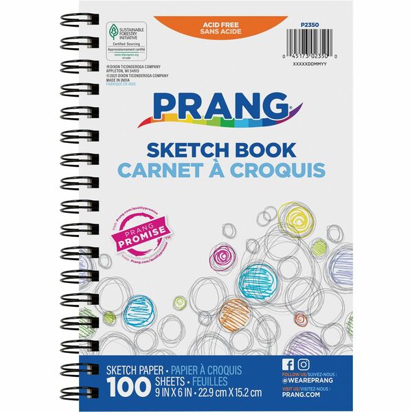 Prang Sketch Pad - 100 Sheets - Spiral Bound - 9" (228.60 mm) x 6" (152.40 mm) Sheet Size - 0.53" (13.46 mm) Height - White Paper - Acid-free, Recyclable, Spiral Bound - 1 Each
