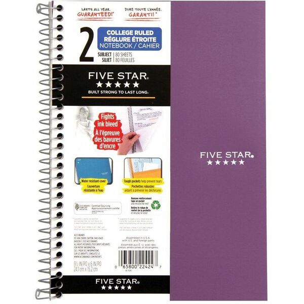 Five Star Notebook - 0.75" (19.05 mm) Height x 7.08" (179.83 mm) Width x 9.50" (241.30 mm) Length - Assorted Polypropylene Cover - Perforated, Storage Pocket - 1 Each