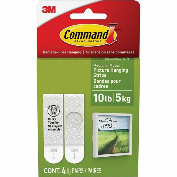 Command Hanging Strip - 4.54 kg Capacity - 6.70" (170.18 mm) Height - 3.81" (96.77 mm) Width - 0.50" (12.70 mm) Length - for Pictures, Wall, Frame, Art, Mirror, Clock, Sign, Board, Decoration, Dorm, Apartment, ... - White - 4 / Pack