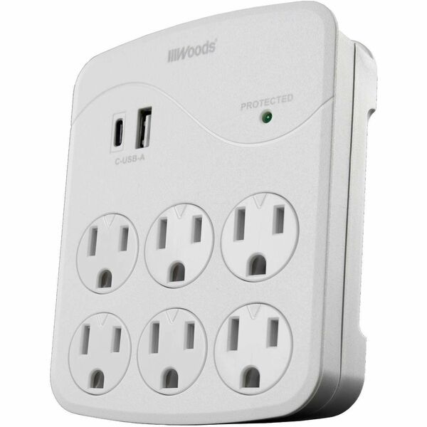 Woods 6-Outlet Surge Tap, 1000 Joules, 2 USB - White - 1 x USB Type A, 1 x USB Type C, 6 x AC Power - 1.80 kVA - 1000 J - 120 V AC Input