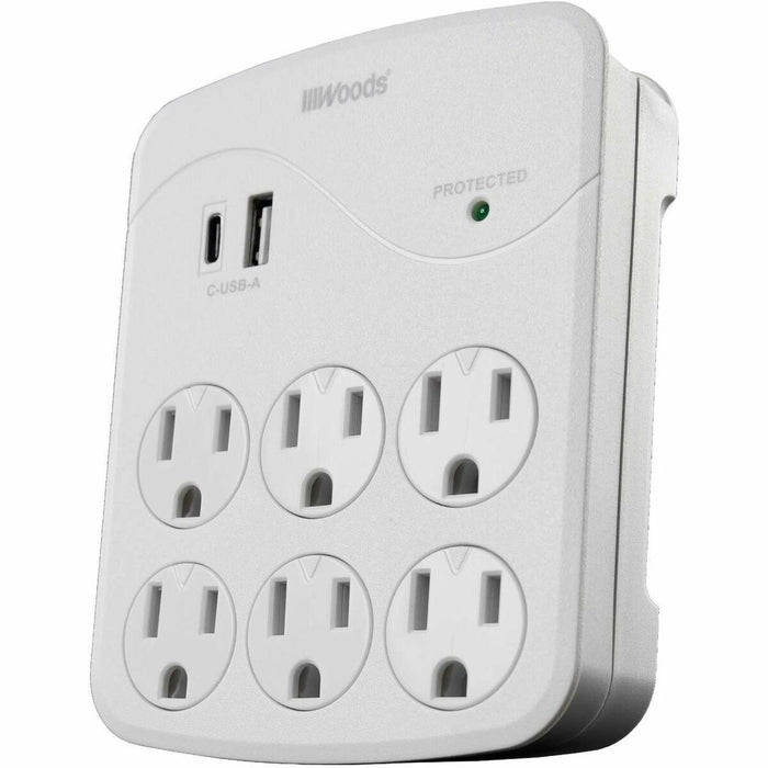 Woods 6-Outlet Surge Tap, 1000 Joules, 2 USB - White - 1 x USB Type A, 1 x USB Type C, 6 x AC Power - 1.80 kVA - 1000 J - 120 V AC Input
