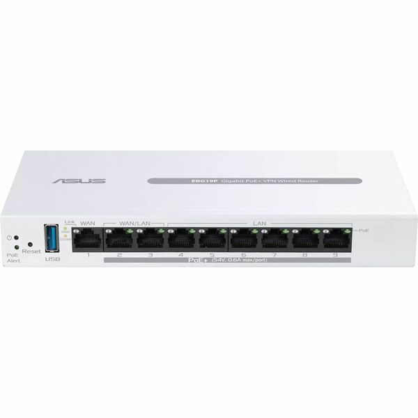 Asus ExpertWiFi EBG19P Router - 9 Ports - 6 RJ-45 Port(s) - 3 WAN Port(s) - PoE Ports - Slots512 GB - Gigabit Ethernet - IEEE 802.1p, IEEE 802.1Q, IEEE 802.3, IEEE 802.3ab, IEEE 802.11i, IEEE 802.3u, IEEE 802.3x
