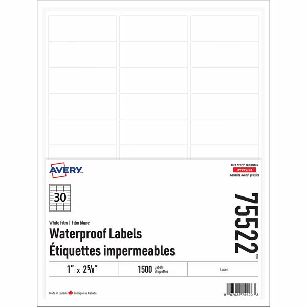 Avery Rectangle Waterproof Labels with Sure Feed Technology - Waterproof - 1" (25.40 mm) Width x 2 5/8" (66.55 mm) Length - Permanent Adhesive - Rectangle - Laser - White - Film - Water Resistant - Tear Resistant, Scuff Resistant, Durable, Smudge Resistan