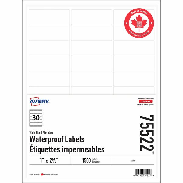 Avery Rectangle Waterproof Labels with Sure Feed Technology - Waterproof - 1" (25.40 mm) Width x 2 5/8" (66.55 mm) Length - Permanent Adhesive - Rectangle - Laser - White - Film - Water Resistant - 30 / Sheet - 1500 Total Label(s) - 50 / Pack