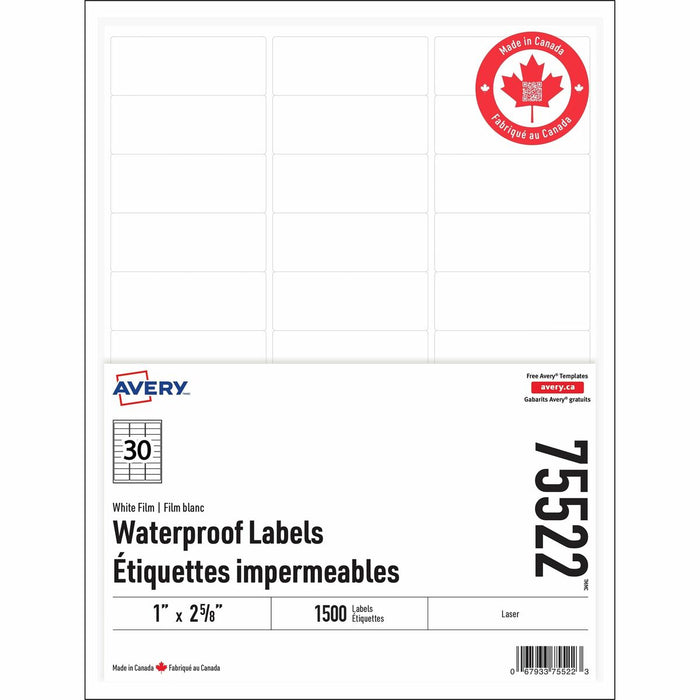 Rectangle Waterproof Labels with Sure Feed™ Technology TrueBlock&reg; 1" x 2-5/8" , Permanent Adhesive, for Laser Printers - Waterproof - 1" (25.40 mm) Height x 2 5/8" (66.55 mm) Width - Permanent Adhesive - Rectangle - Laser - White - Film - Water