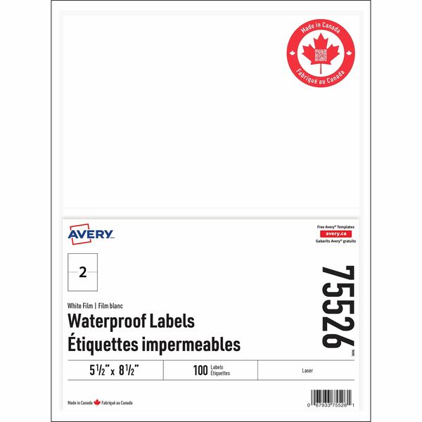 Avery Rectangle Waterproof Labels - Waterproof - 5 1/2" (139.70 mm) Width x 8 1/2" (215.90 mm) Length - Permanent Adhesive - Rectangle - Laser - White - Film - Water Resistant - 2 / Sheet - 100 Total Label(s) - 50 / Pack