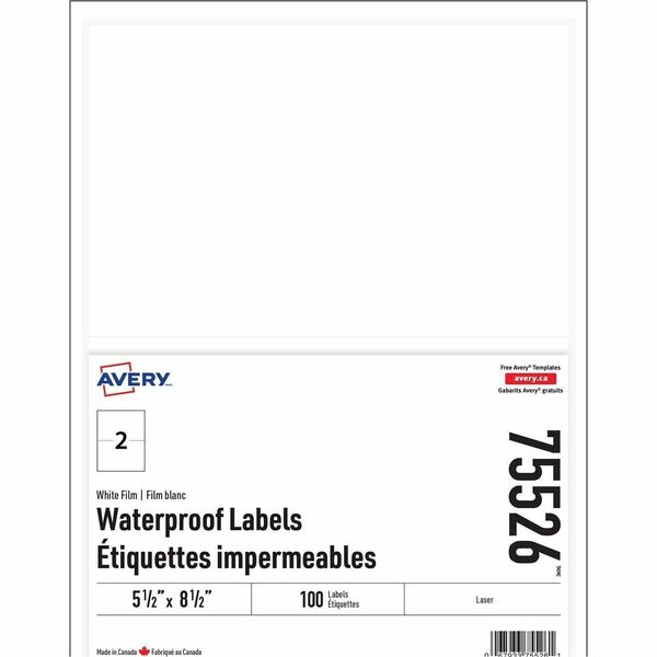 Avery Rectangle Waterproof Labels - Waterproof - 5 1/2" (139.70 mm) Width x 8 1/2" (215.90 mm) Length - Permanent Adhesive - Rectangle - Laser - White - Film - Water Resistant - Tear Resistant, Scuff Resistant, Durable, Smudge Resistant - 2 / Sheet - 100