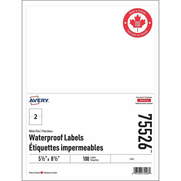 Avery Rectangle Waterproof Labels - Waterproof - 5 1/2" (139.70 mm) Width x 8 1/2" (215.90 mm) Length - Permanent Adhesive - Rectangle - Laser - White - Film - Water Resistant - 2 / Sheet - 100 Total Label(s) - 50 / Pack
