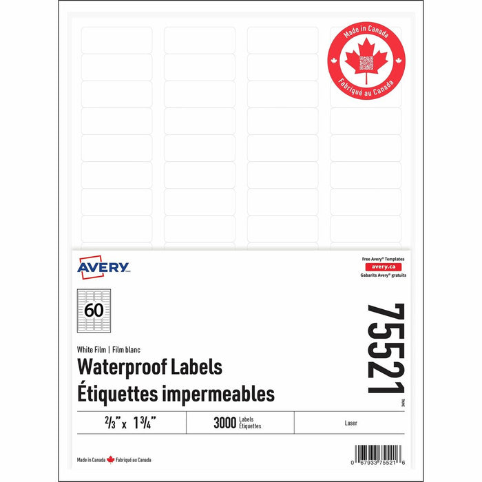 Rectangle Waterproof Labels with Sure Feed™ Technology TrueBlock&reg; 2/3" x 1-3/4" , Permanent Adhesive, for Laser Printers - Waterproof - 21/32" (16.76 mm) Height x 1 3/4" (44.45 mm) Width - Permanent Adhesive - Rectangle - Laser - White - Film -