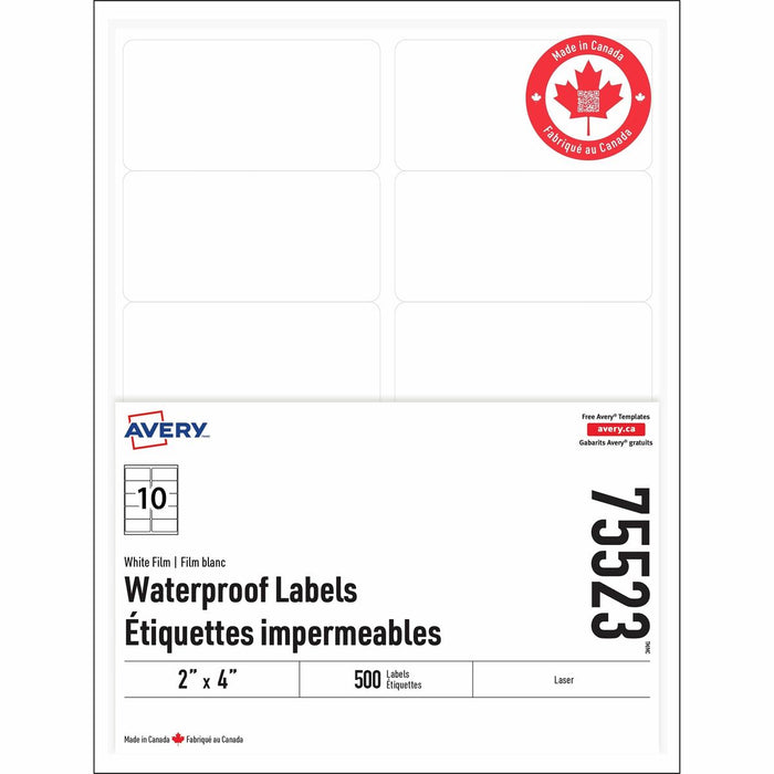Rectangle Waterproof Labels with Sure Feed™ Technology TrueBlock&reg; 2" x 4" , Permanent Adhesive, for Laser Printers - Waterproof - 2" (50.80 mm) Height x 4" (101.60 mm) Width - Permanent Adhesive - Rectangle - Laser - White - Film - Water Resista