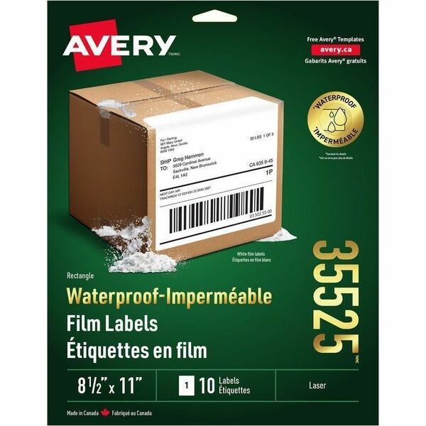 Avery Multipurpose Label - Waterproof - 8 1/2" (215.90 mm) Width x 11" (279.40 mm) Length - Permanent Adhesive - Rectangle - Laser - White - Film - Water Resistant - Tear Resistant, Scuff Resistant, Durable, Smudge Resistant - 1 / Sheet - 10 / Pack