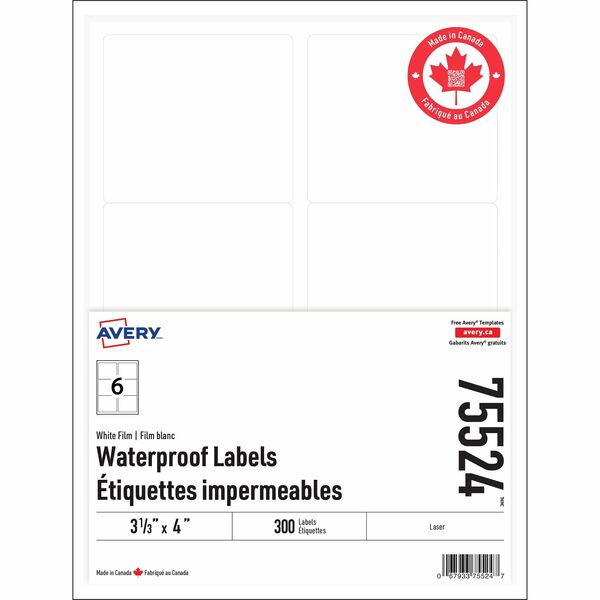 Avery&reg; Rectangle Waterproof Labels with Sure Feed Technology - Waterproof - 4" (101.60 mm) Width x 3 1/3" (84.66 mm) Length - Permanent Adhesive - Rectangle - Laser - White - Film - Water Resistant - 6 / Sheet - 300 Total Label(s) - 300 / Pack