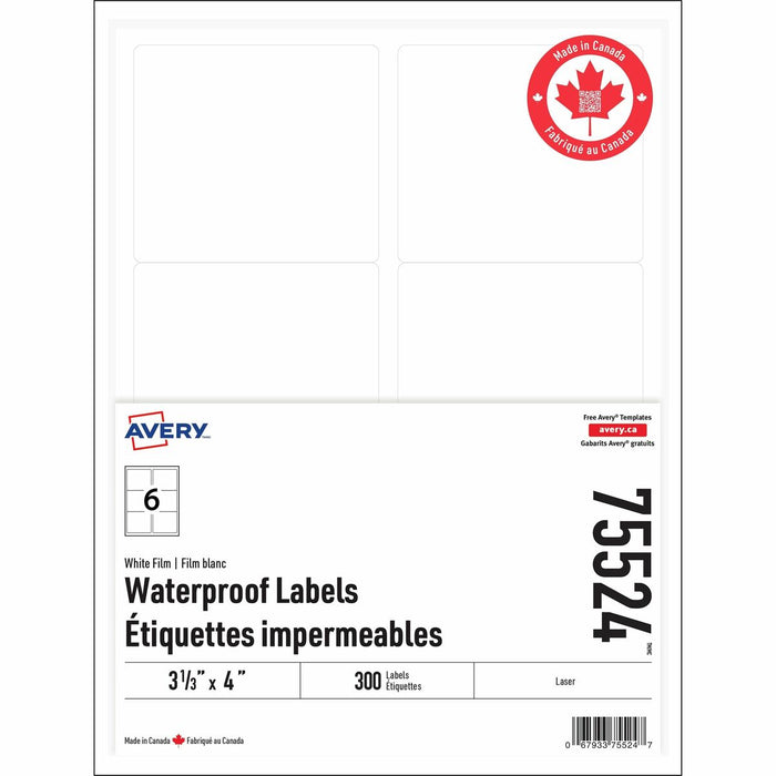Rectangle Waterproof Labels with Sure Feed™ Technology TrueBlock&reg; 3-1/3" x 4" , Permanent Adhesive, for Laser Printers - Waterproof - 3 21/64" (84.58 mm) Height x 4" (101.60 mm) Width - Permanent Adhesive - Rectangle - Laser - White - Film - Wat