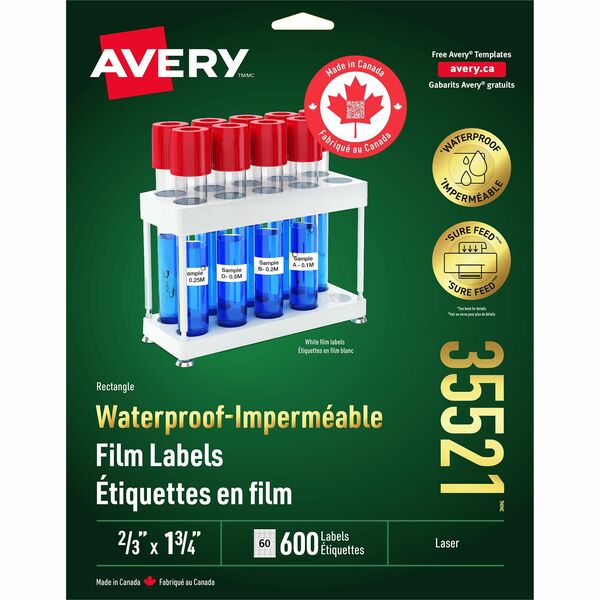 Avery Rectangle Waterproof Labels with Sure Feed Technology - Waterproof - 2/3" (16.94 mm) Width x 1 3/4" (44.45 mm) Length - Permanent Adhesive - Rectangle - Laser - White - Film - Water Resistant - 60 / Sheet - 10 / Pack
