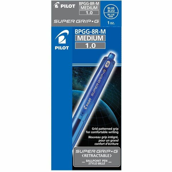 Pilot Super Grip G Medium - Blue - 1 mm (0.04") Medium Pen Point - Refillable - Retractable - Blue Ink - Oil Based - Blue Plastic Barrel - Stainless Steel, Tungsten Carbide Tip - 12 / Box