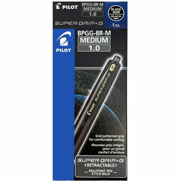 Pilot Super Grip G Ballpoint Pen - 1 mm (0.04") Medium Pen Point - Refillable - Retractable - Black Ink - Oil Based - Black Plastic Barrel - Stainless Steel, Tungsten Carbide Tip - 12 / Box