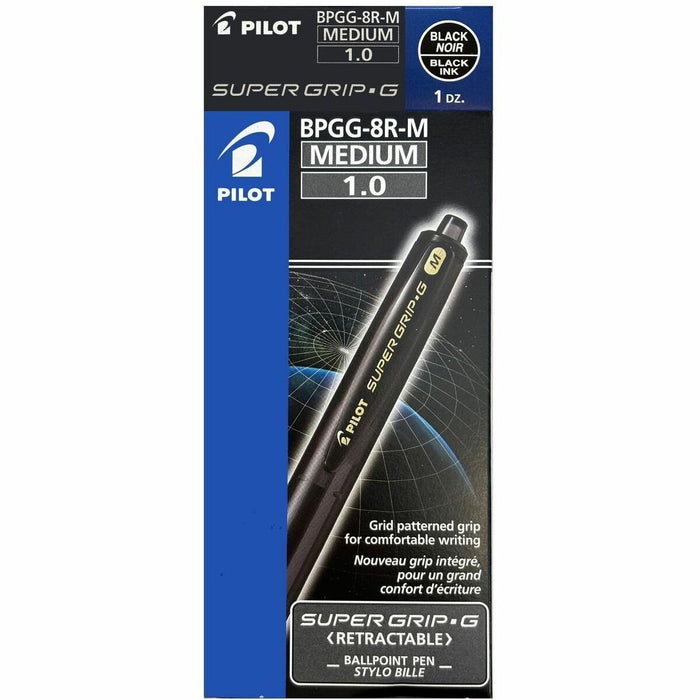 Pilot Super Grip G Ballpoint Pen - Refillable - Retractable - Black Ink - Oil Based - Black Plastic Barrel - Stainless Steel, Tungsten Carbide Tip - 12 / Box