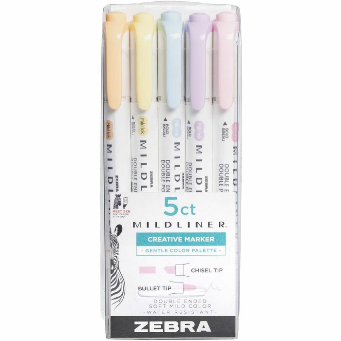 Zebra MILDLINER Dual-Tip Creative Highlighter - 1 mm (0.04") Fine Bullet, 4 mm (0.16") Broad Chisel Marker Point - Baby Pink, Lilac, Honey Orange, Soda Blue, Sherbet Yellow Ink - 5 / Pack
