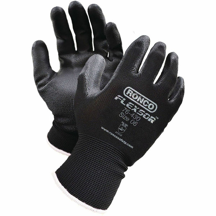 RONCO Nitrile Palm Coated Polyester Gloves - Grease, Oil, Abrasion, Blade Cut Protection - Nitrile Coating - 6 Size Number - X-Small Size - Polyester - Black, White - Lightweight, Flexible, Grease Resistant, Corrosion Resistance, Oil Resistant, Abrasion R