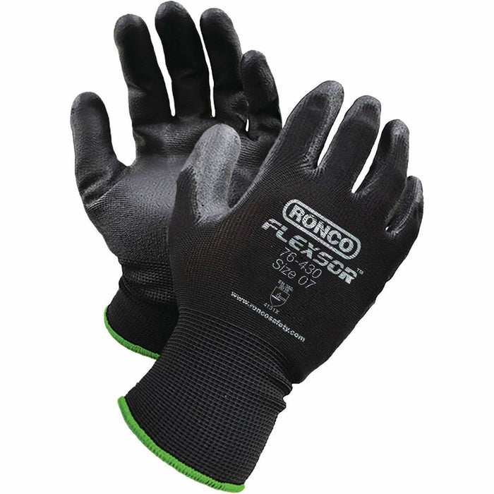 RONCO Nitrile Palm Coated Polyester Gloves - Grease, Oil, Abrasion, Blade Cut Protection - Nitrile Coating - 7 Size Number - Small Size - Polyester - Black, Green - Lightweight, Flexible, Grease Resistant, Corrosion Resistance, Oil Resistant, Abrasion Res