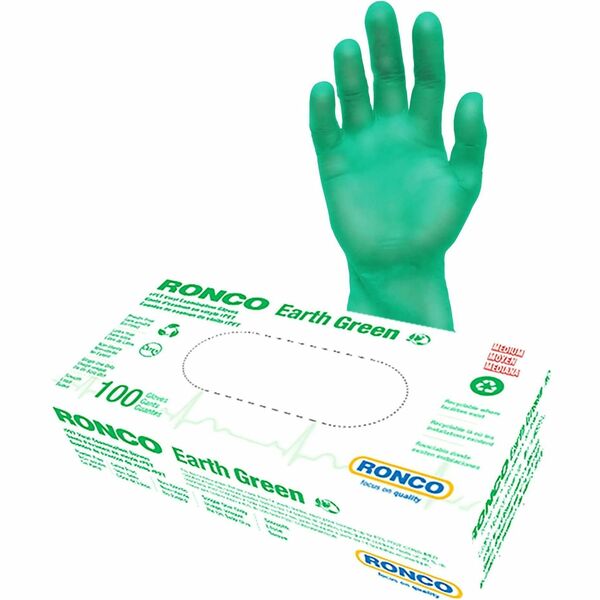 RONCO Earth Recycled PET Vinyl Examination Gloves - 3 mil (0.08 mm) Thickness x 9.45" (240 mm) Glove Length - Allergy Protection - Vinyl Coating - Medium Size - For Right/Left Hand - Vinyl, Recycled Polyethylene Terephthalate (R-PET) - Green - Lightweight