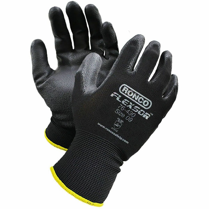 RONCO Nitrile Palm Coated Polyester Gloves - Grease, Oil, Abrasion, Blade Cut Protection - Nitrile Coating - 8 Size Number - Medium Size - Polyester - Black, Gray - Lightweight, Flexible, Grease Resistant, Corrosion Resistance, Oil Resistant, Abrasion Res
