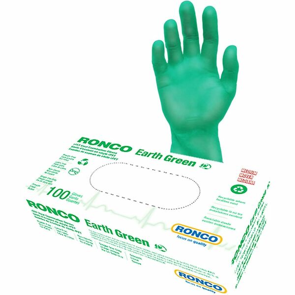 RONCO Earth Recycled PET Vinyl Examination Gloves - 3 mil (0.08 mm) Thickness x 9.45" (240 mm) Glove Length - Allergy Protection - Vinyl Coating - Large Size - For Right/Left Hand - Vinyl - Green - Lightweight, Comfortable, Latex-free, Non-sterile, Food S