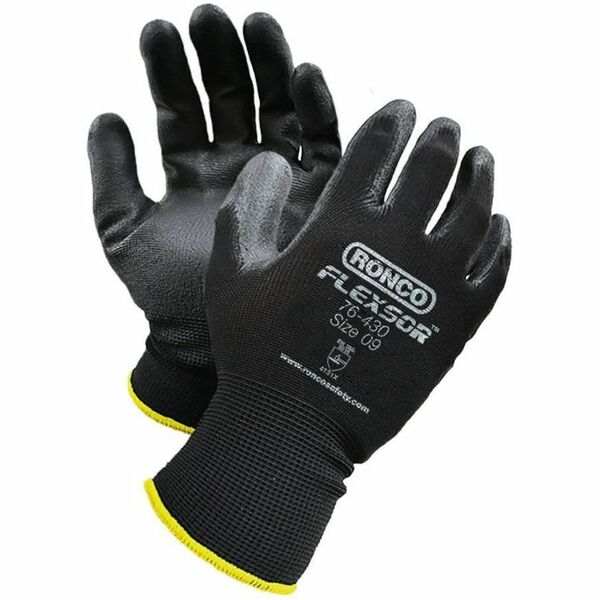 RONCO Nitrile Palm Coated Polyester Gloves - Grease, Oil, Abrasion, Blade Cut Protection - Nitrile Coating - 9 Size Number - Large Size - Polyester - Black - Lightweight, Flexible, Grease Resistant, Corrosion Resistance, Oil Resistant, Abrasion Resistant,