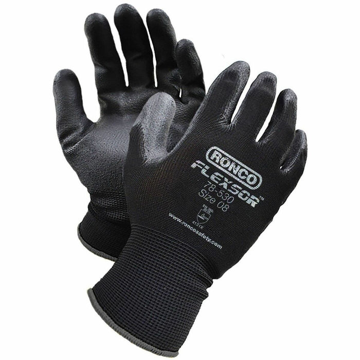 FLEXSOR Polyurethane (PU) Palm Coated Polyester Gloves - Abrasion, Blade Cut Protection - Polyurethane Coating - 8 Size Number - Medium Size - Polyester - Black - Abrasion Resistant, Cut Resistant, Tear Resistant, Puncture Resistant, Elastic Wrist, Breath