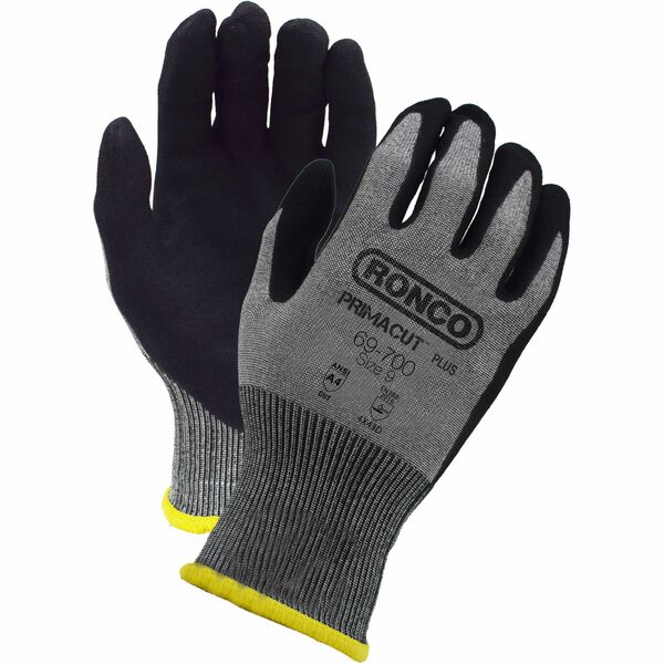 Ronco Primacut Plus 69-700 Work Gloves - Blade Cut, Abrasion, Oil, Chemical Protection - Nitrile Foam Coating - Large Size - Nitrile Foam - Black/Gray - Cut Resistant, Flexible, Breathable, Abrasion Resistant, Tear Resistant, Puncture Resistant, Reusable,
