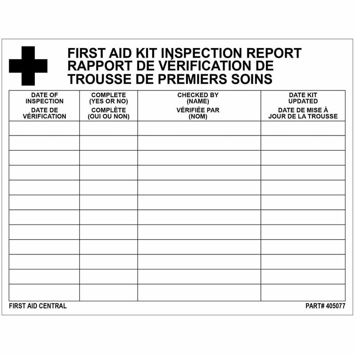 First Aid Central Inspection Report Card (Sticker), 14x11cm - 4 1/3" (11 cm) x 5 33/64" (14 cm) Sheet Size - 25 / Pack