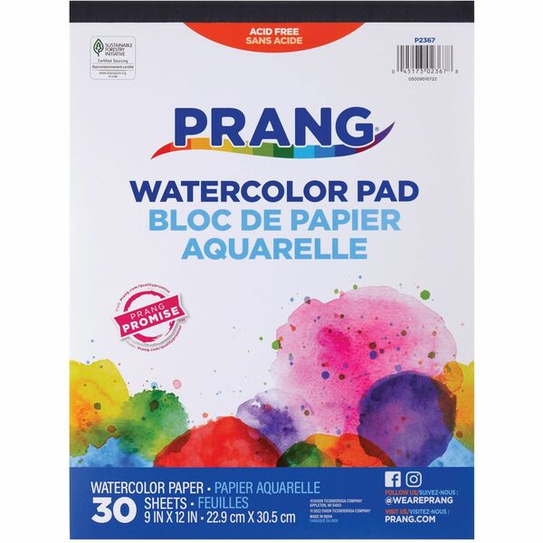 Prang Watercolor Pad - 30 Sheets - Tape Bound - 90 lb (40823.31 g) Basis Weight - 9" (228.60 mm) x 12" (304.80 mm) Sheet Size - 0.20" (5.08 mm) Height - White Paper - Acid-free, Recyclable, Smooth - 1 Each