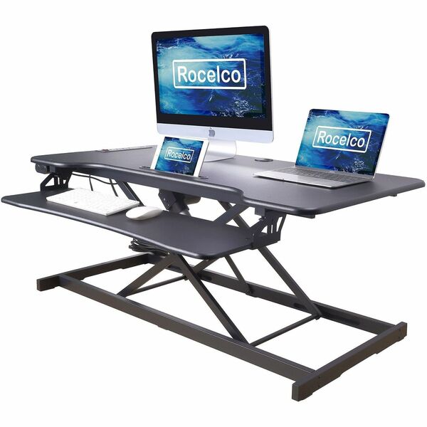 Rocelco Electric Desk Riser 46" Wide with AC-USB - 40 lb (18143.69 g) Load Capacity - 46" (1168.40 mm) Width - Desk - Black - For Tablet, Smartphone - Lift Mechanism, Electric Lift, Grommet, Keyboard Tray, Built-in USB Port, Electrical Outlet