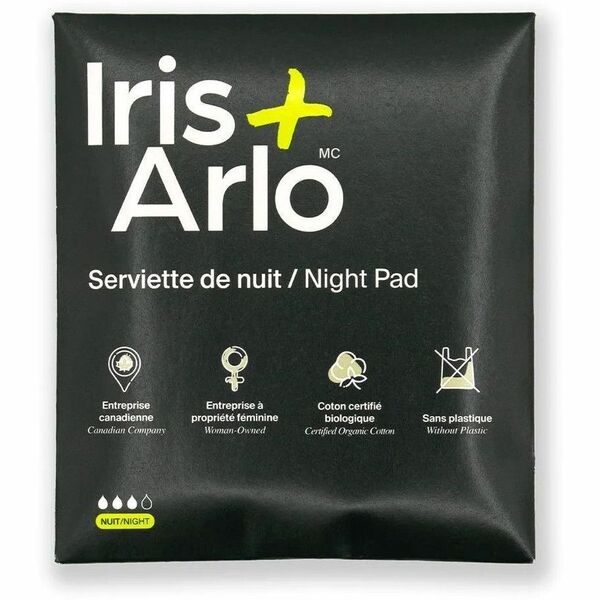 Iris + Arlo Individual Packets - 100% Organic Cotton Night Pads - With Wings - Individually Wrapped, Comfortable, Hypoallergenic, Biodegradable, Water Proof, Fragrance-free, Chlorine-free - 250