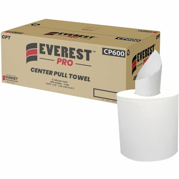 Everest Pro Paper Towel - 2 Ply - 600 Sheets/Roll - 3.02" (76.71 mm) Core - White - Paper - 6 / Case
