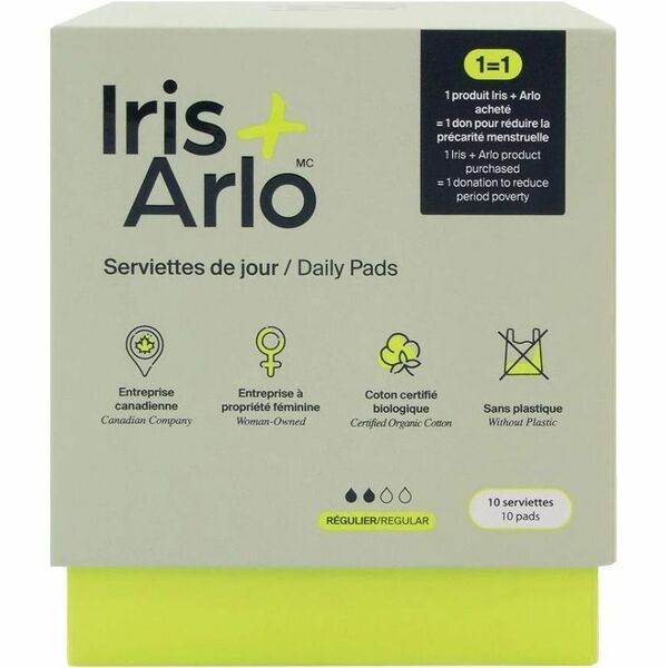 Iris + Arlo 100% Organic Cotton Daily Pads - With Wings - Regular - Hypoallergenic, Biodegradable, Comfortable, Water Proof, Fragrance-free, Chlorine-free - 250