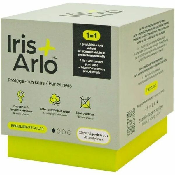 Iris + Arlo 100% Organic Cotton Pantyliners - Regular - Biodegradable, Unscented, Hypoallergenic, Chlorine-free, Comfortable - 20 / Box