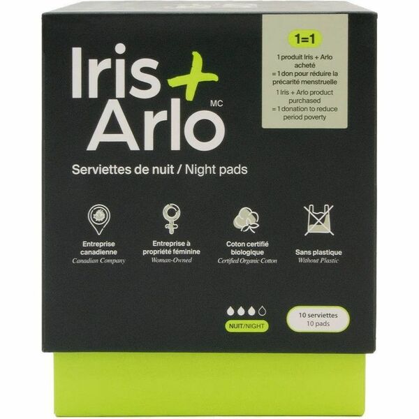 Iris + Arlo 100% Organic Cotton Night Pads - WithWings - 10 / Box - Hypoallergenic, Biodegradable, Water Proof, Fragrance-free, Chlorine-free, Absorbent