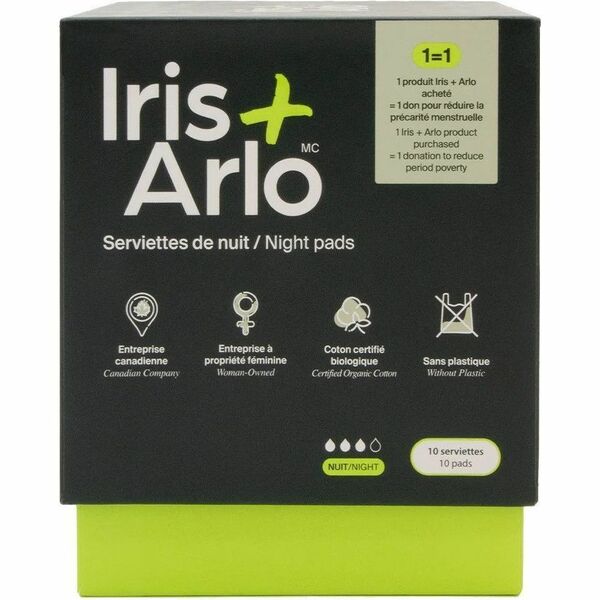 Iris + Arlo 100% Organic Cotton Night Pads - With Wings - Hypoallergenic, Biodegradable, Water Proof, Fragrance-free, Chlorine-free, Absorbent - 10 / Box
