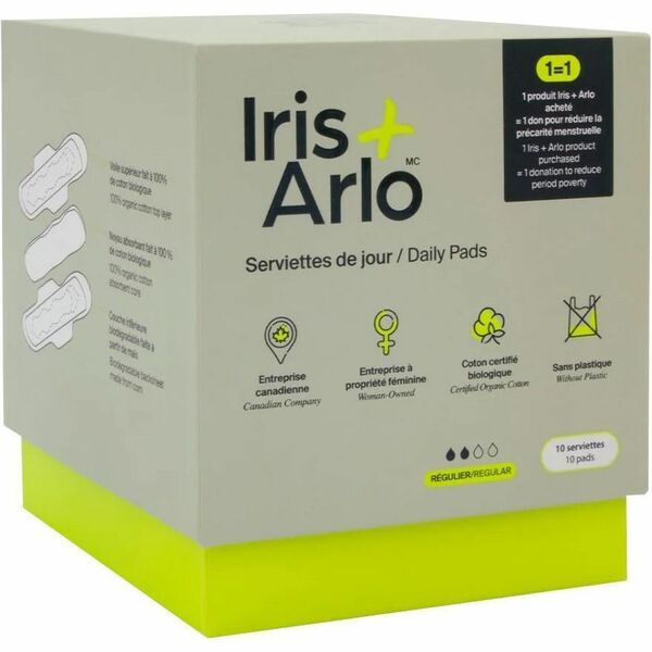 Iris + Arlo 100% Organic Cotton Daily Pads - With Wings - Regular - Hypoallergenic, Biodegradable, Comfortable, Water Proof, Fragrance-free, Chlorine-free - 10 / Box