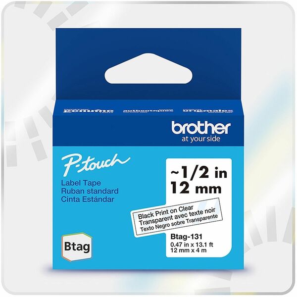 Brother P-touch BTAG-131 Black on Clear Label Tape - x 15/32" (12 mm) Width x 13 1/8 ft (4 m) Length - Black on Clear - Plastic - Water Resistant - 1 Each
