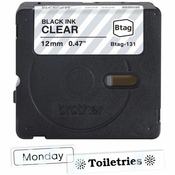 Brother P-touch BTAG-131 Black on Clear Label Tape - x 15/32" (12 mm) Width x 13 1/8 ft (4 m) Length - Black on Clear - Water Resistant - Temperature Resistant, Fade Resistant, Dishwasher Safe, Freezer Safe, Microwave Safe, Easy Peel, Removable, Household