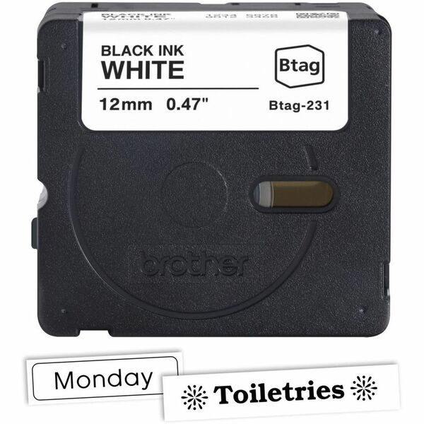 Brother P-touch BTAG-231 Black on White Label Tape - x 15/32" (12 mm) Width x 13 1/8 ft (4 m) Length - Black on White - Water Resistant - Temperature Resistant, Fade Resistant, Dishwasher Safe, Freezer Safe, Microwave Safe, Easy Peel, Removable, Household