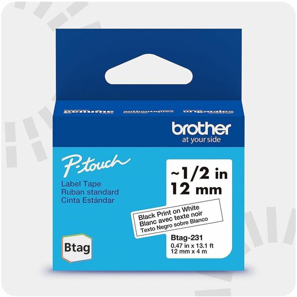 Brother P-touch BTAG-231 Black on White Label Tape - x 15/32" (12 mm) Width x 13 1/8 ft (4 m) Length - Black on White - Plastic - Water Resistant - 1 Each