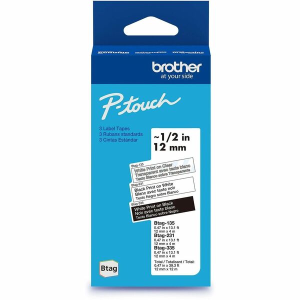 Brother P-touch Label Tape - 15/32" (12 mm) Width x 13 1/8 ft (4 m) Length - White on Clear, Black on White, White on Black - Water Resistant - Temperature Resistant, Fade Resistant, Dishwasher Safe, Freezer Safe, Microwave Safe, Easy Peel, Removable, Hou
