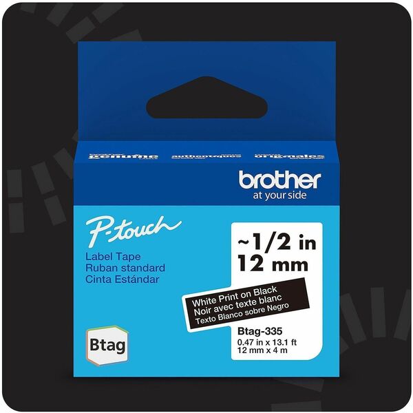 Brother P-touch BTAG-335 White on Black Label Tape - x 15/32" (12 mm) Width x 13 1/8 ft (4 m) Length - White on Black - Plastic - Water Resistant - 1 Each